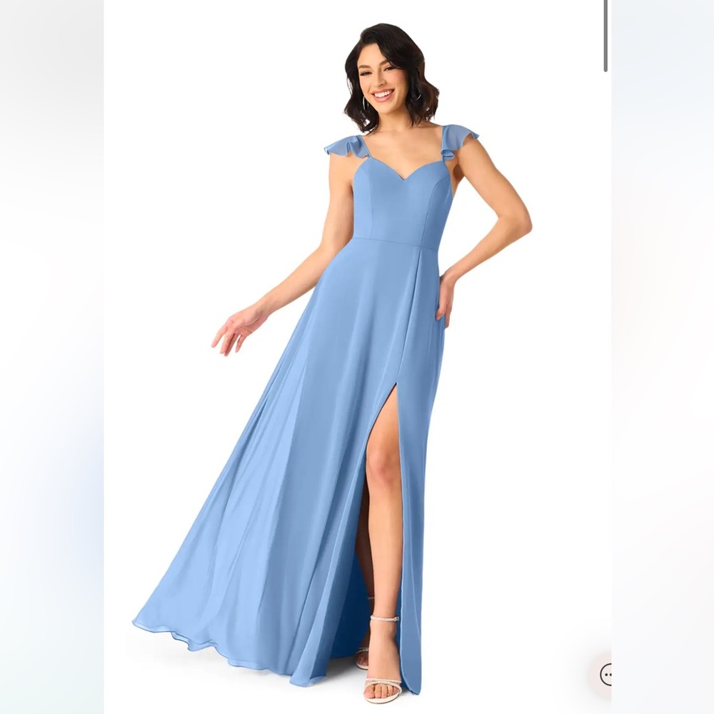 Azazie- Everett in Steel Blue, size A6. Hemmed to fit 5’5” in 2 inch heels.